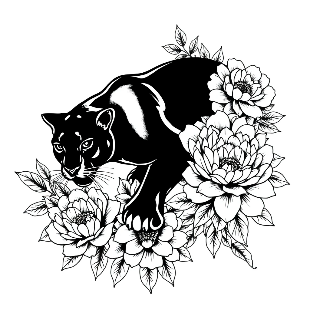 Blackwork panther and peonies cover-up tattoo stencil, AI-generated Blackwork panther and peonies cover-up tattoo stencil, AI-generated