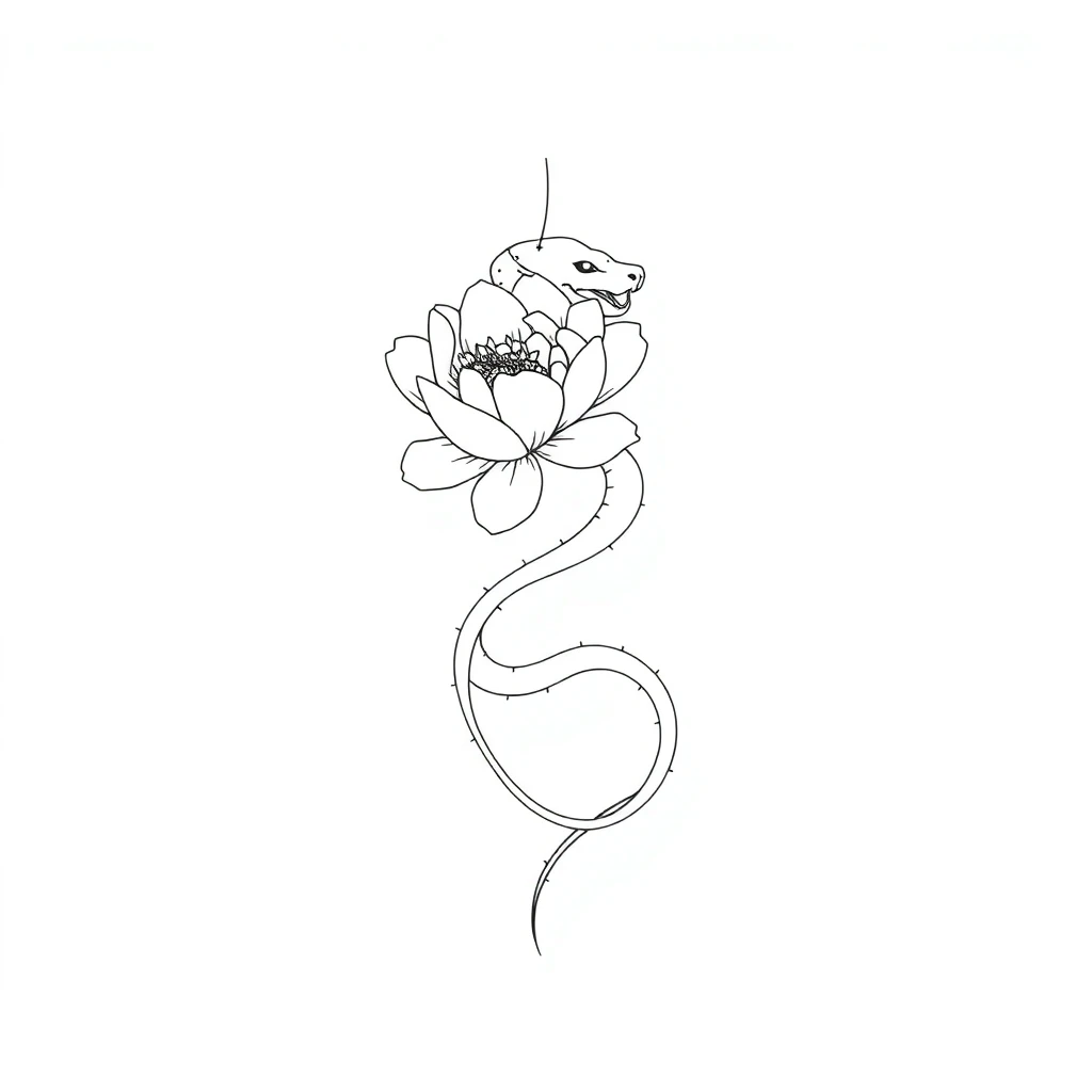 Fine line serpent and peony tattoo stencil, AI-generated Fine line serpent and peony tattoo stencil, AI-generated