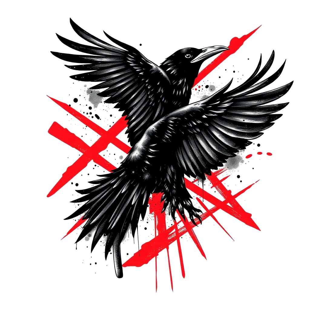 Trash polka raven in flight tattoo stencil, AI-generated Trash polka raven in flight tattoo stencil, AI-generated