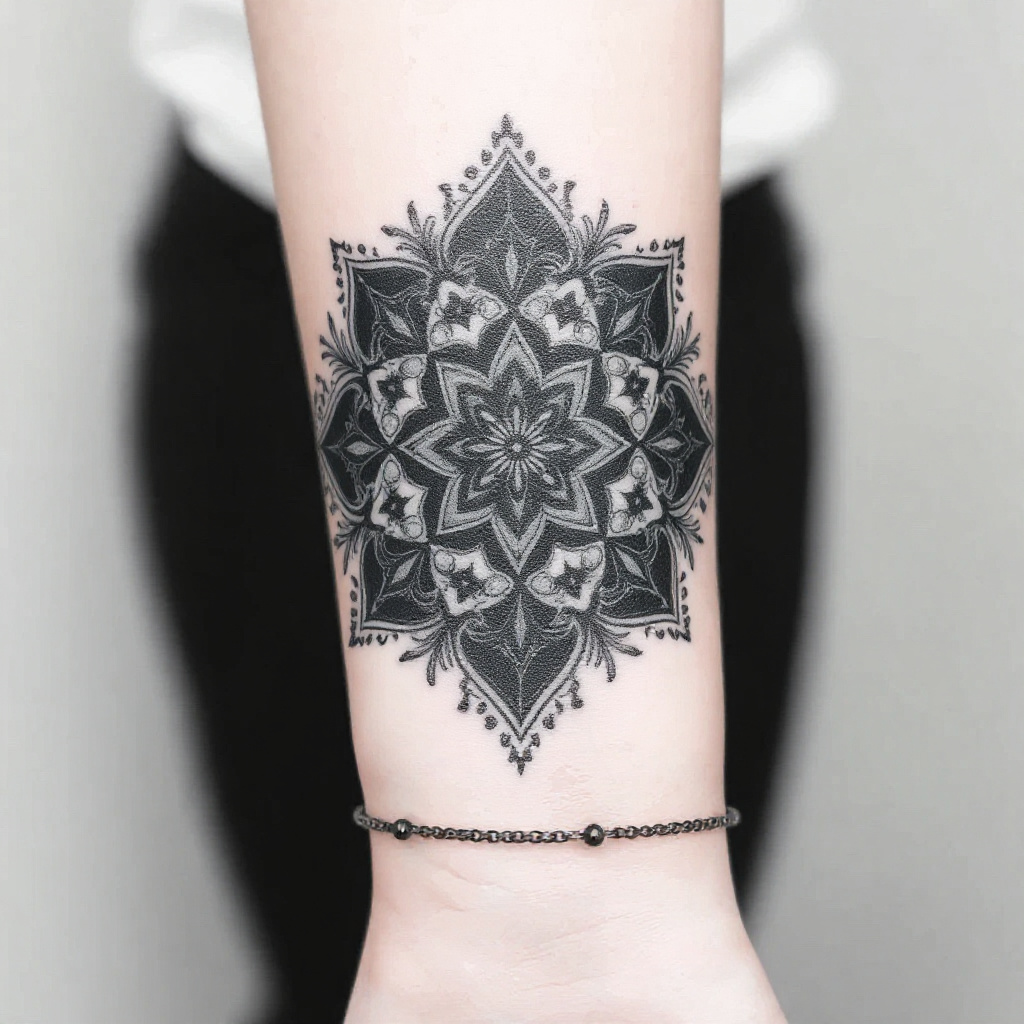 Blackwork mandala cover-up tattoo fully concealing an old tattoo on a forearm, AI-generated preview Blackwork mandala cover-up tattoo fully concealing an old tattoo on a forearm, AI-generated preview